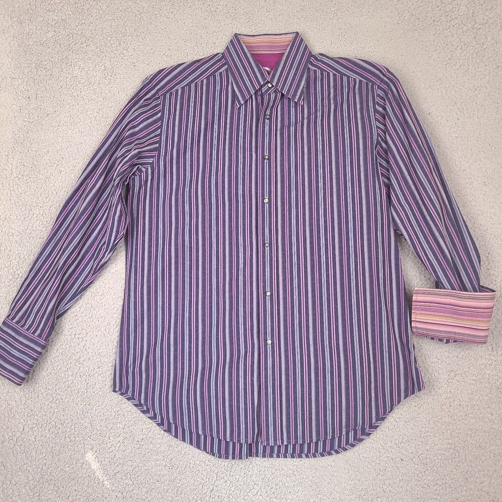 Robert Graham Shirt Mens Medium Blue Striped Geometric Contrast Cuff Long Sleeve